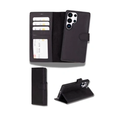 ÇOK SATAN Samsung Galaxy S25 Ultra uyumlu, Hakiki Deri, El Yapımı, Cüzdanlı Kılıf, Mat Siyah