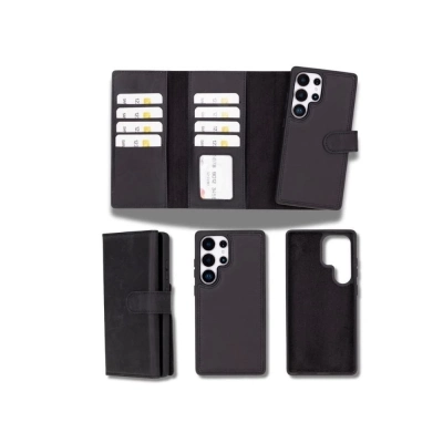 ÇOK SATAN Samsung Galaxy S25 Ultra uyumlu, Hakiki Deri, El Yapımı, Cüzdanlı Kılıf, Mat Siyah