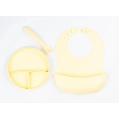 ÇOK SATAN Sarı 3’lü Silikon Yemek Seti – Önlük + Diş Kaşıyıcılı Kaşık + Vakumlu Tabak