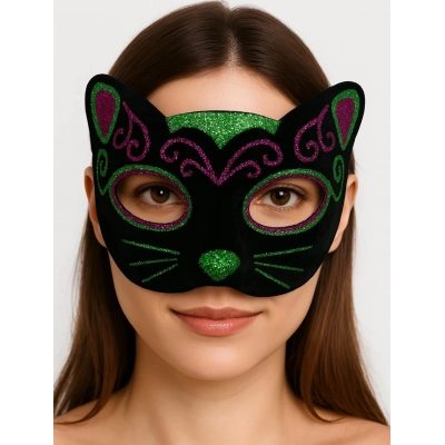 ÇOK SATAN Siyah Kadife Kaplama Üzeri Pembe Yeşil Sim İşlemeli Kedi Maskesi 20x13 cm