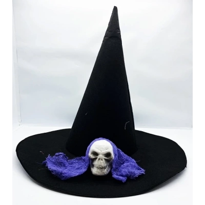 ÇOK SATAN Siyah Renk Mavi Duvaklı Kuru Kafa Temalı Cadı Şapkası 35x38 Cm