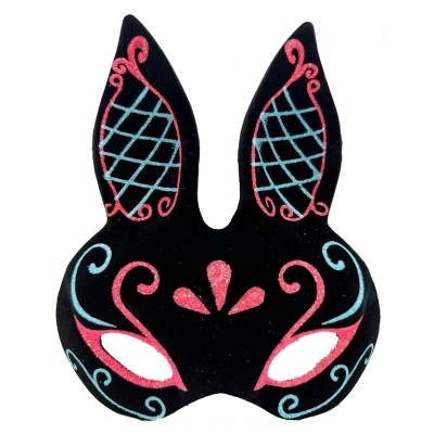 ÇOK SATAN Siyah Renk Mavi Kırmızı Simli Siyah Süet Kaplama Tavşan Maskesi 18x16 cm