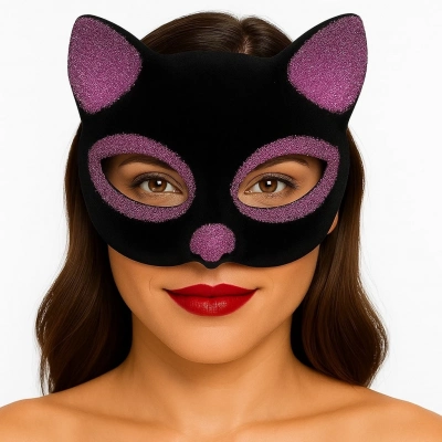 ÇOK SATAN Siyah Renk Pembe Simli Süet Kaplama Kedi Maskesi 18x14 cm