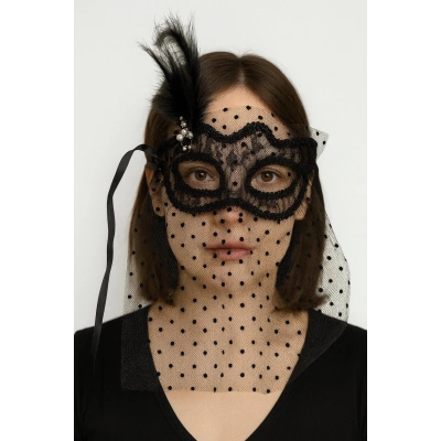 ÇOK SATAN Siyah Renk Siyah Puantiyeli Duvaklı İncili Parti Maskesi