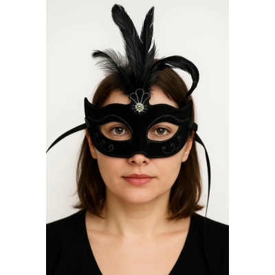 ÇOK SATAN Siyah Renk Tüylü Siyah Süet Kaplama Parti Balo Maskesi 20X16 cm