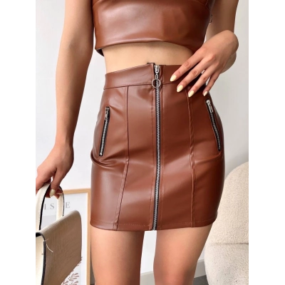 Üç fermuarlı deri etek kahve s24510