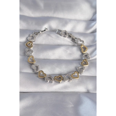 ÇOK SATAN Vip Seri Pirinç Çift Renkli Zirkon Taşlı İçi Boş Kalp Tasarımlı Bileklik