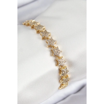 ÇOK SATAN VIP Seri Pirinç Zirkon Taşlı Sıralı Yıldız Model Gold Renk Kadın Bileklik