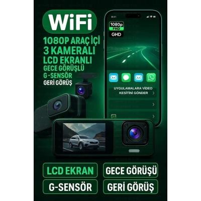 ÇOK SATAN Wifi 1080p Araç içi 3 Kameralı Lcd Ekranlı Gece Görüşlü , G-sensör , Geri Görüş Kamera