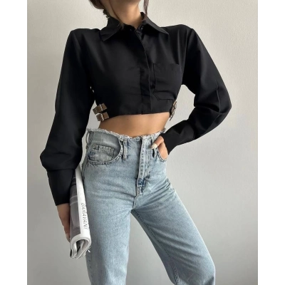 Yanı kemer detaylı crop gömlek siyah s4009