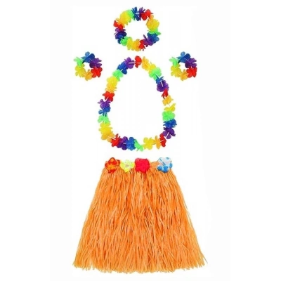 ÇOK SATAN Yetişkin ve Çocuk Uyumlu Luau Aloha Hawaii Turuncu Etek ve Renkli Kolye Taç 2 Adet Bileklik Seti