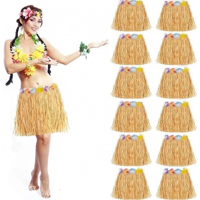 ÇOK SATAN Yetişkin ve Çocuk Uyumlu Saman Renk Hawaii Luau Hula Etek 40 cm 12 Adet