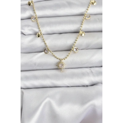 Zirkon Taşlı Kutup Yıldızı Model Pirinç Gold Renk Kadın Kolye