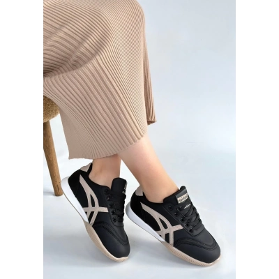 Zlay Siyah Cilt Bej Detaylı Bağcıklı Spor Ayakkabı