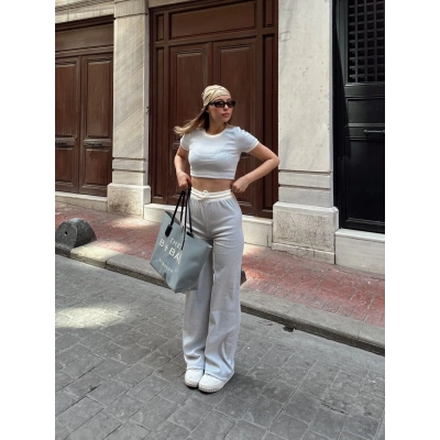 Crop pantolon biyeli takım gri