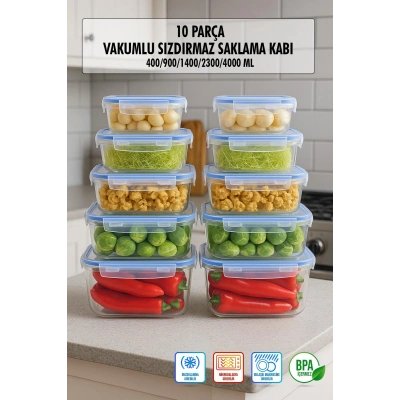 Dikdörtgen 10 Parça Contalı Vakumlu Sızdırmaz Hava Almaz Saklama Kabı Seti 2x(4000/2300/1400/900/400 Ml)