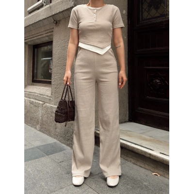 Düğme yakalı bej alt üst takım s3943