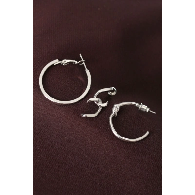 Düğüm Model Gümüş Renk Metal Çoklu Halka Küpe