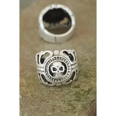 Eskitme Gümüş Renk Metal Kuru Kafa Tasarım Ayarlamalı Erkek Yüzük