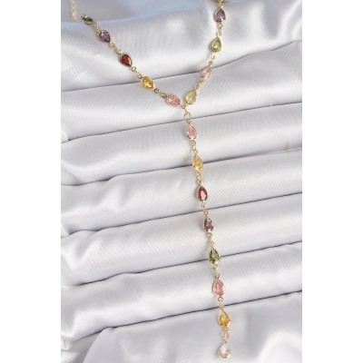 Gold Karışık Renk Zirkon Taşlı Y Pirinç Kolye