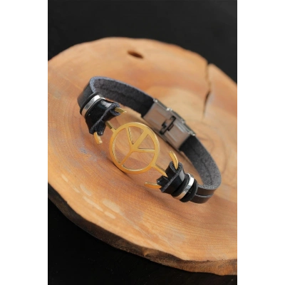 Gold Renk Barış Figürlü Metal Aksesuarlı Siyah Renk Deri Erkek Bileklik