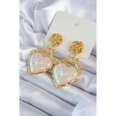 Gold Renk Gül Sallantı Kalp Model Pirinç VİP Kadın Küpe