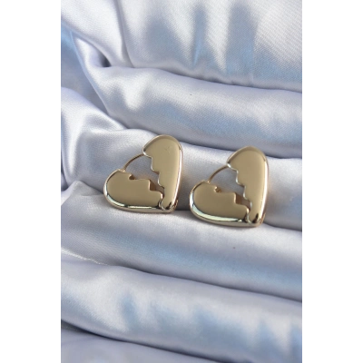 Gold Renk Kırık Kalp Model Pirinç Kadın Küpe