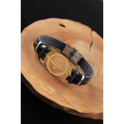 Gold Renk Metal Nabız Tasarım Siyah Renk Deri Erkek Bileklik