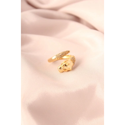 Gold Renk Metal Zirkon Taşlı Kaplan Model Ayarlanabilir Kadın Yüzük