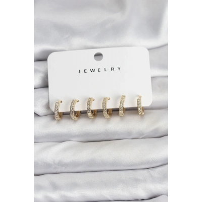 Gold Renk Pirinç Zirkon Taşlı Halka Kadın Küpe Seti