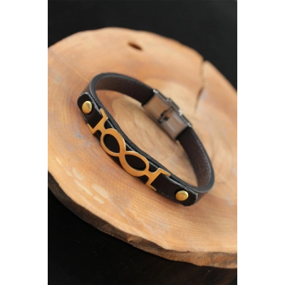 Gold Renk Sonsuzluklu Metal Aksesuarlı Siyah Deri Erkek Bileklik