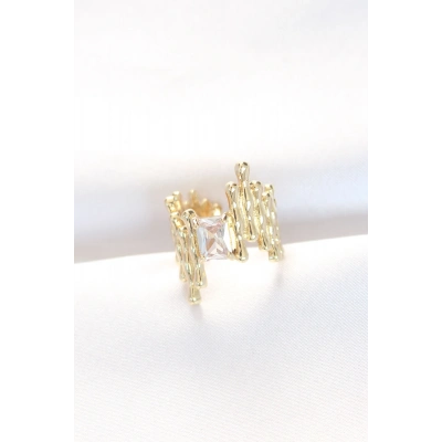 Gold Renk Tırtıklı Kalın Baget Taş Tasarım Ayarlanabilir Yüzük