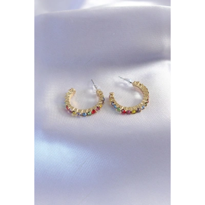 Gold Renk Yarım Halka Model Renkli Kristal Taşlı Kadın Küpe