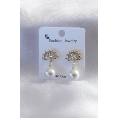 Gold Renk Zirkon Taşlı İnci Sallantı Model Kadın Küpe