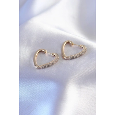 Gold Renk Zirkon Taşlı Kalp Model Kadın Küpe