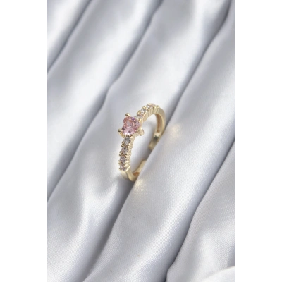 Gold Renk Zirkon Taşlı Pembe Kristal Kalp Model Kadın Yüzük