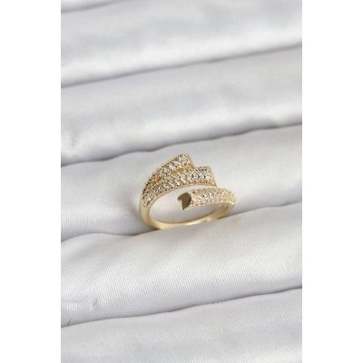 Gold Renk Zirkon Taşlı Pirinç Kadın Yüzük