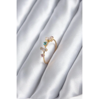 Gold Renk Zirkon Taşlı Renkli Zirkon Taşlı Kadın Yüzük