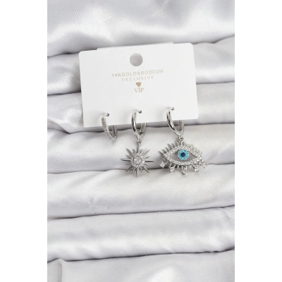 Göz Model Gümüş Renk Pirinç 3lü Kadın Küpe Seti