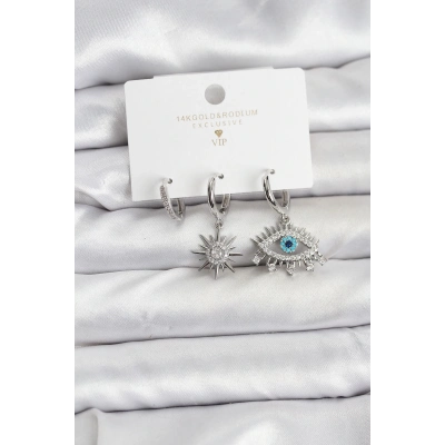 Göz Model Gümüş Renk Pirinç 3lü Kadın Küpe Seti