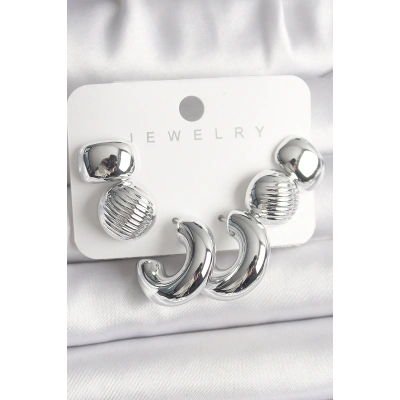 Gümüş Renk İşlemeli Daire Halka Model CCB Platik Kadın Küpe Seti