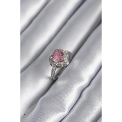 Gümüş Renk Pembe Zirkon Taşlı Charm Kalp Model Kadın Yüzük