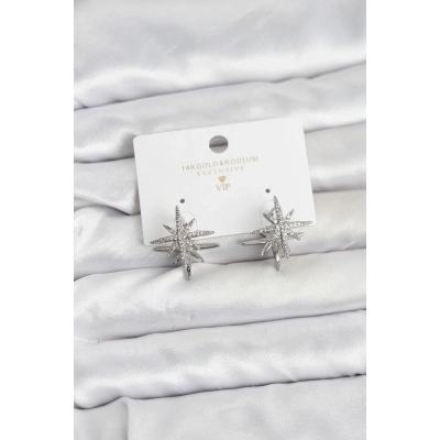 Gümüş Renk Pirinç Çift Taraflı Kutup Yıldızı Kadın Küpe