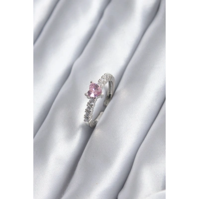 Gümüş Renk Zirkon Taşlı Pembe Kristal Kalp Model Kadın Yüzük