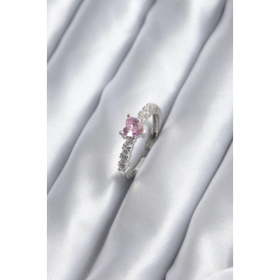 Gümüş Renk Zirkon Taşlı Pembe Kristal Kalp Model Kadın Yüzük