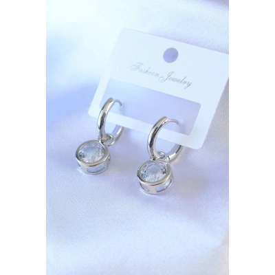 Gümüş Renk Zirkon Taşlı Pirinç Kadın Küpe