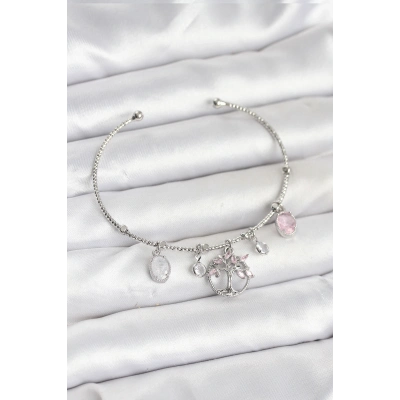 Hayat Ağacı Charmlı Gümüş Renk Pirinç Kadın Bileklik