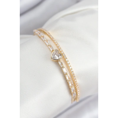 Pirinç Zirkon Taşlı Kalp Model Gold Renk Kadın Bileklik