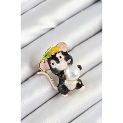 İnci Detaylı Siyah Ve Pembe 3D Sevimli Fare Figürlü Gold Renk Kadın Broş