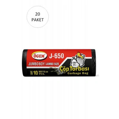 J-650 Jumbo Boy Çöp Torbası 80 x 110 cm 10 Lu Rulo x 20 Paket = 200 Adet (Siyah)